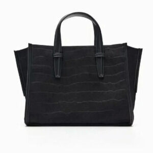 Zara | Black Mock Croc Mini Tote Bag/Faux Leather  and Fabric Satchel